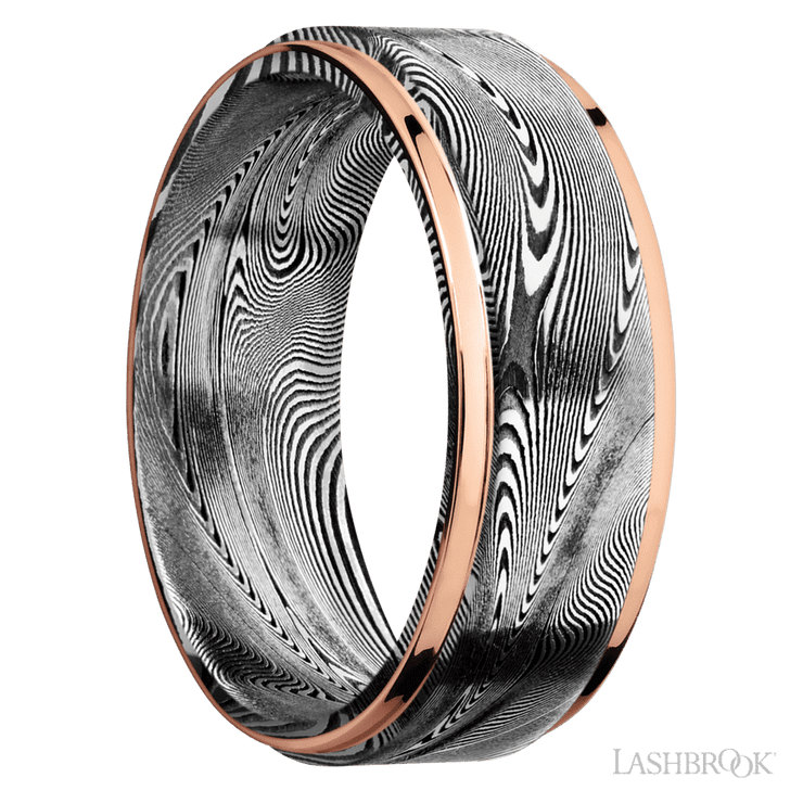 8 mm wide/Flat Grooved Edges/Tightweave band with two 1 mm Edge inlays of 14K Rose Gold.