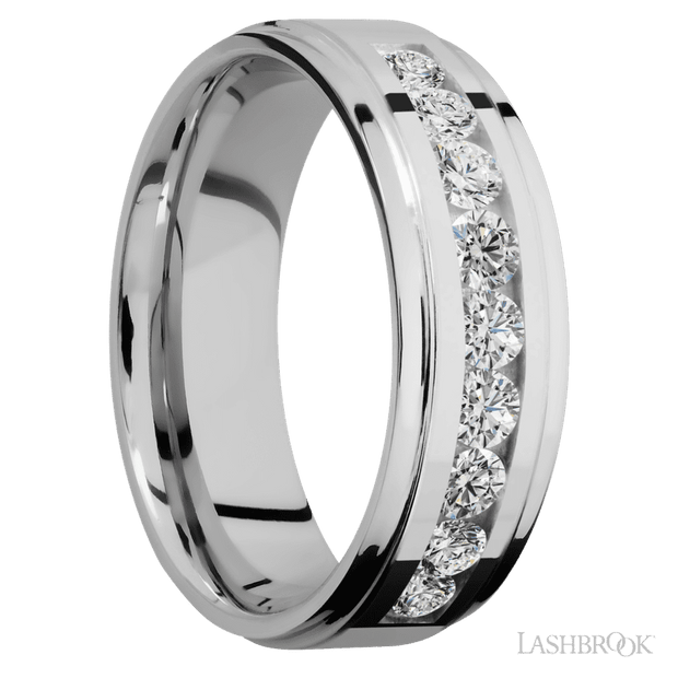 7 mm wide/Flat Grooved Edges/Cobalt Chrome band with an  arrangement of 9, .1 carat Round Diamond stones in a Channel setting.