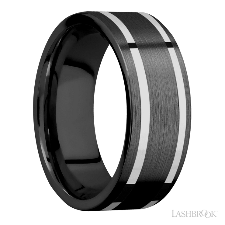 8 mm wide/Flat/Zirconium band with two 1 mm Wide inlays of 14K White Gold.