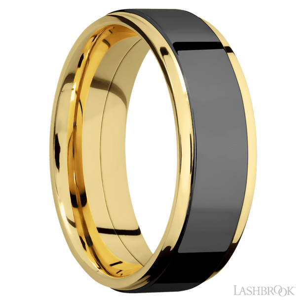 7 mm wide/Flat Grooved Edges/14K Yellow Gold band with one 5 mm Raised Centered inlay of Zirconium.