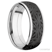 8 mm wide/Domed/Cobalt Chrome band with one 6 mm Centered inlay of Zirconium with a laser carved Escher 1 pattern.