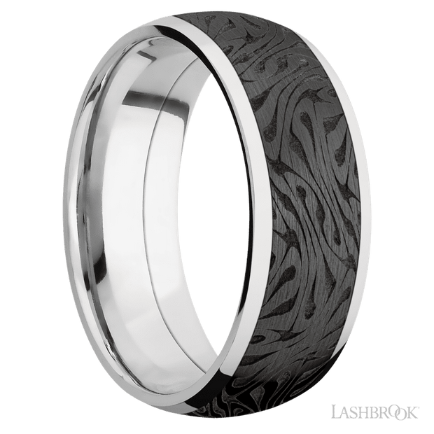 8 mm wide/Domed/Cobalt Chrome band with one 6 mm Centered inlay of Zirconium with a laser carved Escher 1 pattern.