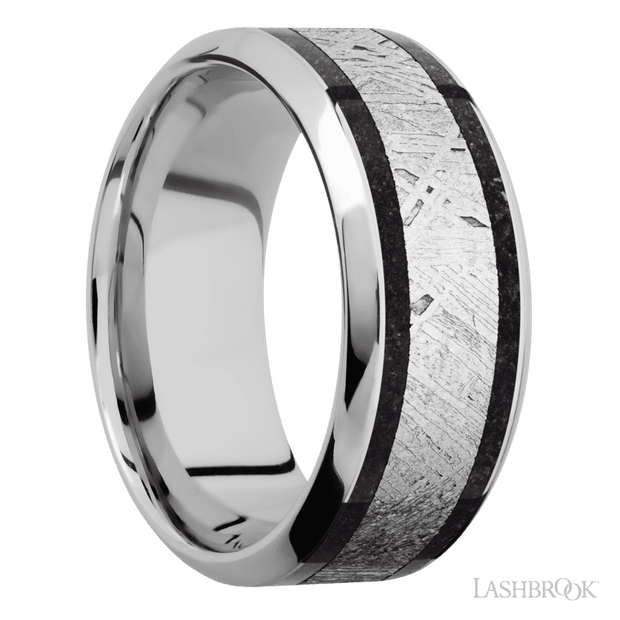 9 mm wide/High Bevel/Cobalt Chrome band featuring inlays of Dinosaur Bone Black and Meteorite.