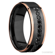 8 mm wide/Flat Grooved Edges/Zirconium band with a Half Eternity arrangement of .03 carat Round Black Diamond stones in a Bead setting and featuring two 1 mm Edge inlays of 14K Rose Gold