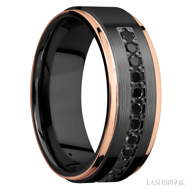 8 mm wide/Flat Grooved Edges/Zirconium band with a Half Eternity arrangement of .03 carat Round Black Diamond stones in a Bead setting and featuring two 1 mm Edge inlays of 14K Rose Gold
