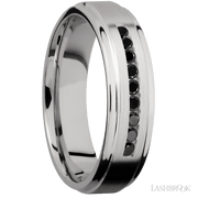 6 mm wide/Flat Grooved Edges/Cobalt Chrome band with an  arrangement of 9, .03 carat Round Black Diamond stones in a Channel setting.