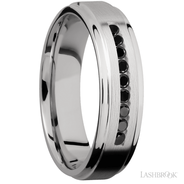 6 mm wide/Flat Grooved Edges/Cobalt Chrome band with an  arrangement of 9, .03 carat Round Black Diamond stones in a Channel setting.