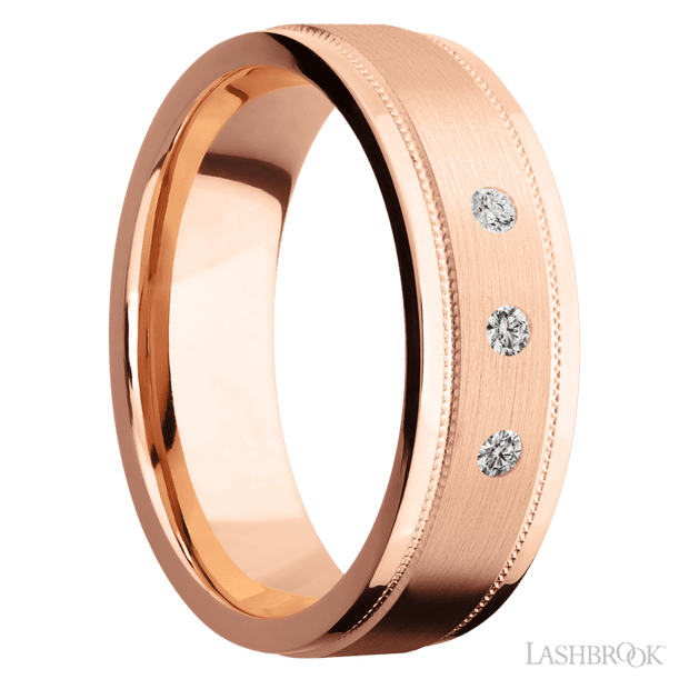 7 mm wide/Flat Stepped Edges Milgrain/14K Rose Gold band with an  arrangement of 3, .03 carat Round Diamond stones in a Flush setting.