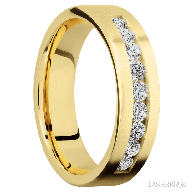 6 mm wide/Flat/14K Yellow Gold band with an  arrangement of 9, .07 carat Round Diamond stones in a Channel setting.