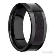 8 mm wide/Flat/Zirconium band with one 5 mm Centered inlay of Dinosaur Bone Black.