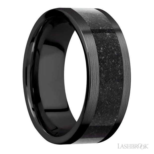 8 mm wide/Flat/Zirconium band with one 5 mm Centered inlay of Dinosaur Bone Black.
