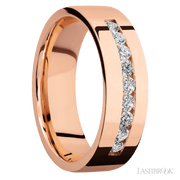 7 mm wide/Flat/14K Rose Gold band with an  arrangement of 9, .05 carat Round Diamond stones in a Channel setting.