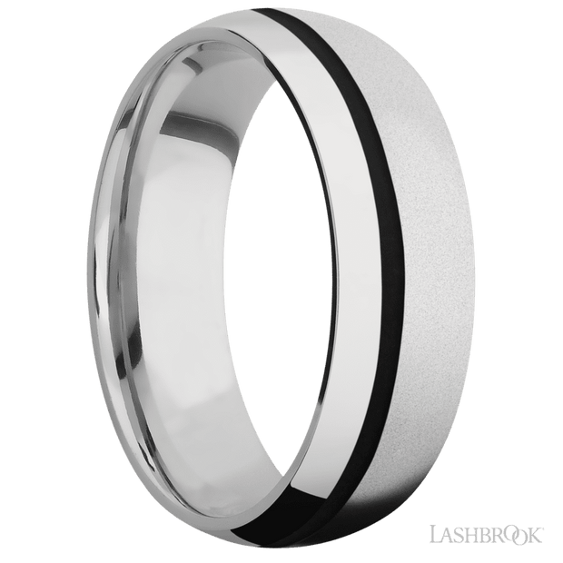 7 mm wide/Domed/Cobalt Chrome band with one 1 mm Off Center inlay of Black.