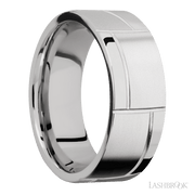 8 mm wide/Flat/14K White Gold band with a machined 3GOCHR pattern.
