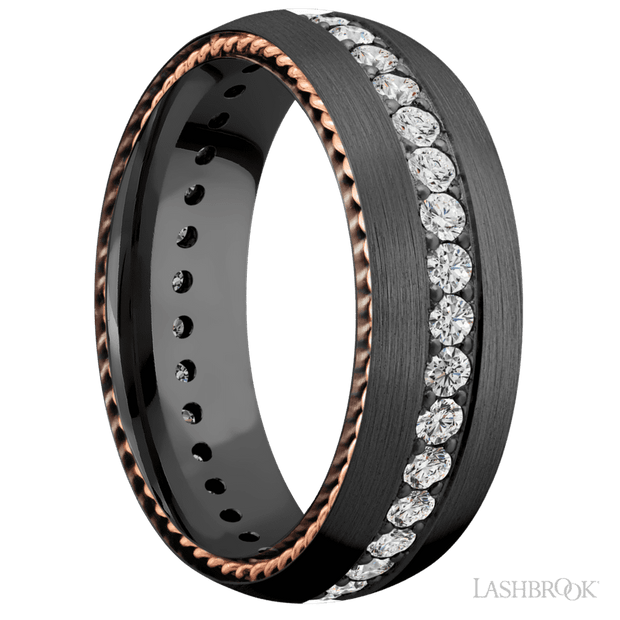 7 mm wide/Domed/Zirconium band with  two 1 mm Sidebraid inlays of 14K Rose Gold and featuring an Eternity arrangement of .03 carat Round Lab Grown Diamond stones in a Bead setting