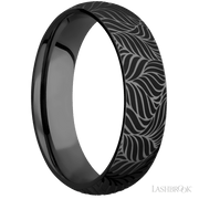 6 mm wide/Domed/Zirconium band with a laser carved Twisted Leaf pattern.