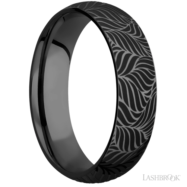 6 mm wide/Domed/Zirconium band with a laser carved Twisted Leaf pattern.