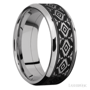8 mm wide/Beveled/Cobalt Chrome band with one 6 mm Centered inlay of Tantalum with a laser carved Aztec 2 pattern.
