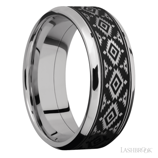 8 mm wide/Beveled/Cobalt Chrome band with one 6 mm Centered inlay of Tantalum with a laser carved Aztec 2 pattern.