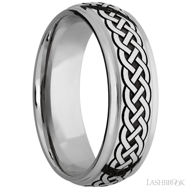 7 mm wide/Domed Stepped Down Edges/Cobalt Chrome band with a laser carved Celtic 9 pattern.