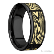 8 mm wide/Flat/Zirconium band with one 6 mm Centered inlay of 14K Yellow Gold with a laser carved Woodgrain pattern.