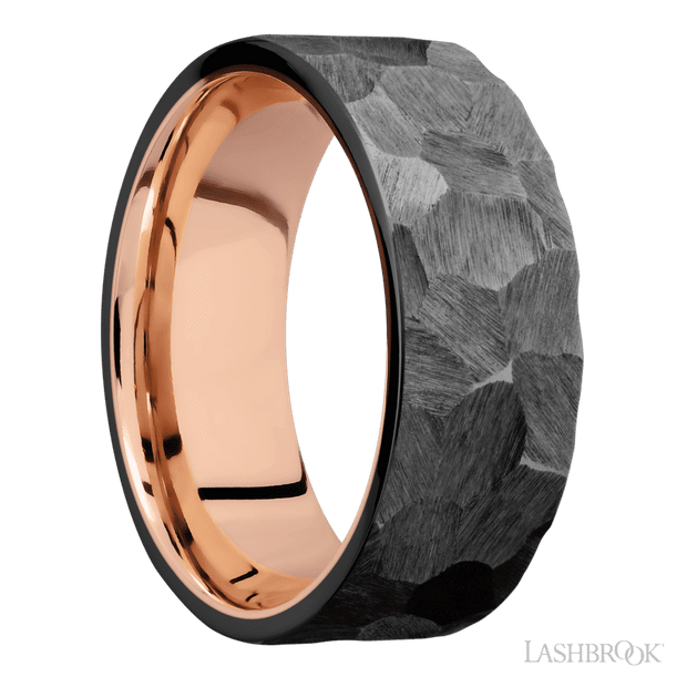 8 mm wide Flat Zirconium band featuring a 14K Rose Gold sleeve.