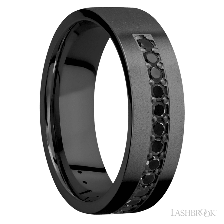 7 mm wide/Flat/Zirconium band with a Half Eternity arrangement of .03 carat Round Black Diamond stones in a Bead setting.