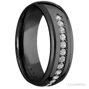 7 mm wide/Domed Stepped Down Edges/Zirconium band with a Half Eternity arrangement of .03 carat Round Diamond stones in a Bead setting.