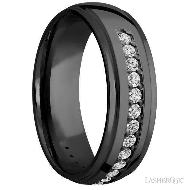 7 mm wide/Domed Stepped Down Edges/Zirconium band with a Half Eternity arrangement of .03 carat Round Diamond stones in a Bead setting.
