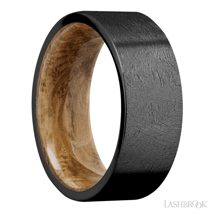 8 mm wide Flat Zirconium band featuring a Whiskey Barrel sleeve.