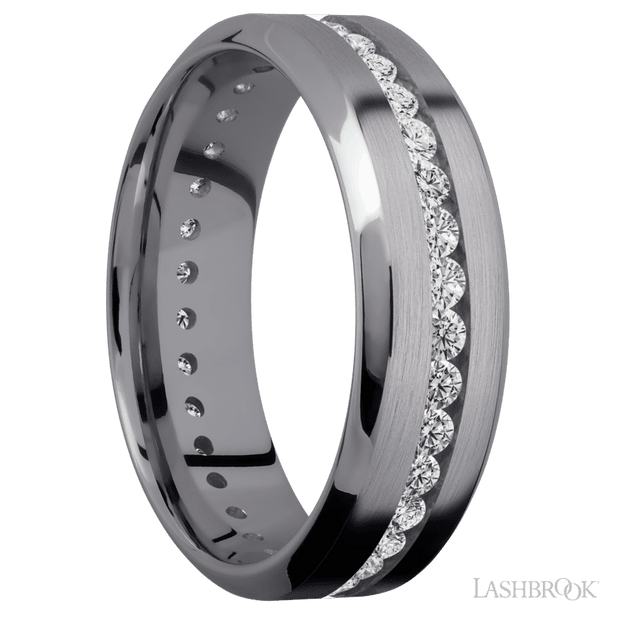 7 mm wide/High Bevel/Tantalum band with an Eternity arrangement of .03 carat Round Lab Grown Diamond stones in a Channel setting.