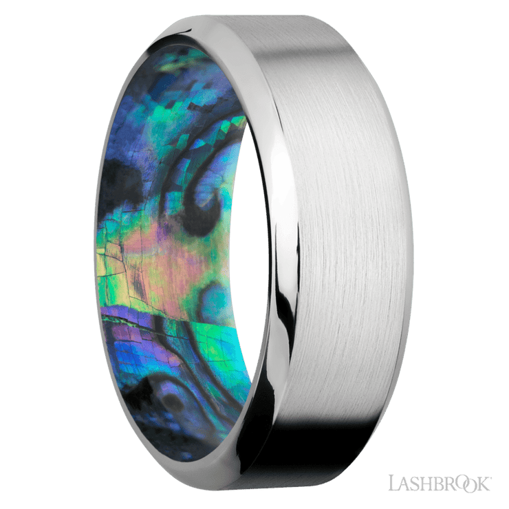 8 mm wide High Bevel Cobalt Chrome band featuring a Abalone sleeve.