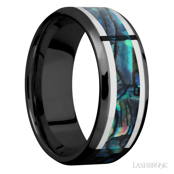 8 mm wide/Beveled/Zirconium band featuring inlays of Palladium Silver and Abalone.