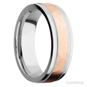 7 mm wide/Flat Stepped Edges Milgrain/Cobalt Chrome band with one 3 mm Centered inlay of 14K Rose Gold.
