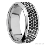 9 mm wide/High Bevel/14K White Gold band with a 4 Row Half Eternity arrangement of .015 carat Round Black Diamond stones in a Bead Channel setting.