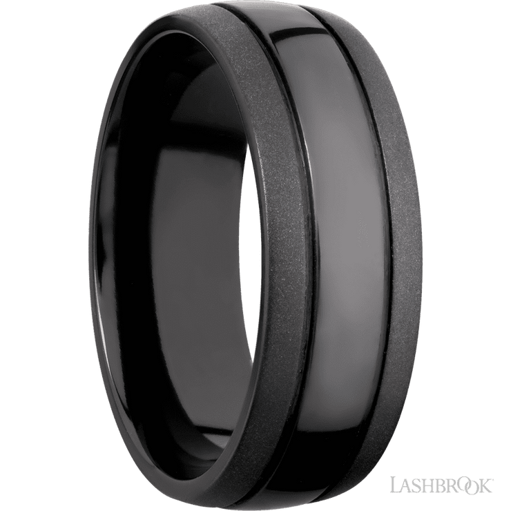 8 mm wide Domed with two accent grooves Zirconium band.