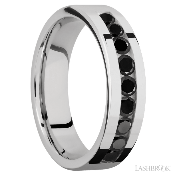 6 mm wide/Flat/Cobalt Chrome band with an  arrangement of 9, .1 carat Round Black Diamond stones in a Channel setting.
