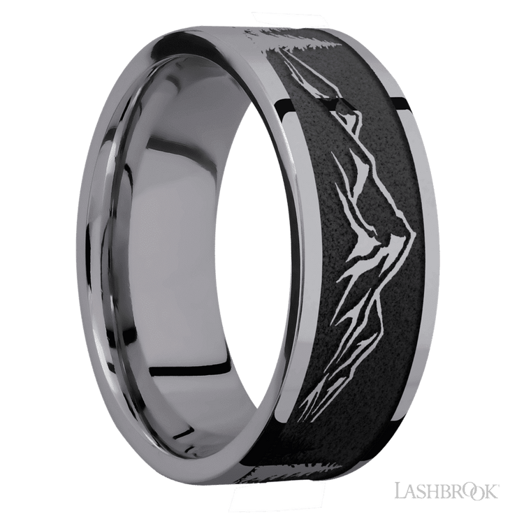 8 mm wide/Flat/Tantalum band with a laser carved Mountain 2 pattern.