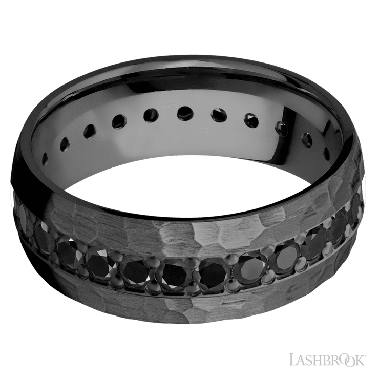8 mm wide/Domed/Zirconium band with an Eternity arrangement of .05 carat Round Black Diamond stones in a Bead setting.