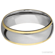 7 mm wide/Domed Stepped Down Edges/14K White Gold band with two 1 mm Edge inlays of 14K Yellow Gold.