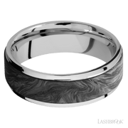 7 mm wide/Flat Grooved Edges/Cobalt Chrome band with one 5 mm Raised Centered inlay of Forged Carbon Fiber.