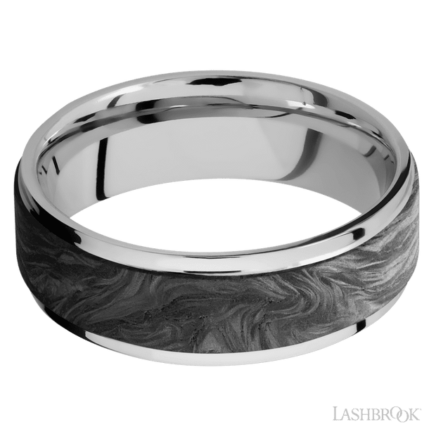 7 mm wide/Flat Grooved Edges/Cobalt Chrome band with one 5 mm Raised Centered inlay of Forged Carbon Fiber.