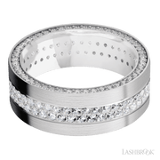 8 mm wide/Flat/14K White Gold band with a Side Eternity arrangement of .01 carat Round Diamond stones in a Bead Channel setting and featuring a a 2 Row Eternity arrangement of .015 carat Round Diamond stones in a Bead Channel setting