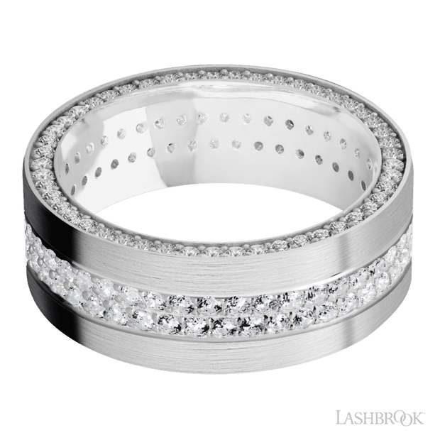 8 mm wide/Flat/14K White Gold band with a Side Eternity arrangement of .01 carat Round Diamond stones in a Bead Channel setting and featuring a a 2 Row Eternity arrangement of .015 carat Round Diamond stones in a Bead Channel setting