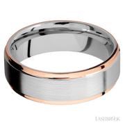 7 mm wide/Flat Grooved Edges/Cobalt Chrome band with two 1 mm Edge inlays of 14K Rose Gold.