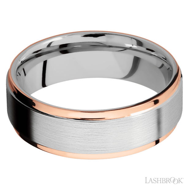 7 mm wide/Flat Grooved Edges/Cobalt Chrome band with two 1 mm Edge inlays of 14K Rose Gold.