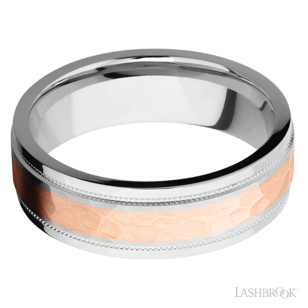7 mm wide/Flat Stepped Edges Milgrain/Cobalt Chrome band with one 3 mm Centered inlay of 14K Rose Gold.