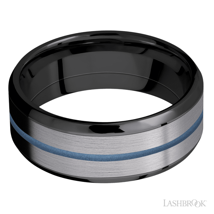 8 mm wide/Beveled/Zirconium band featuring inlays of Tantalum and Polar Blue.