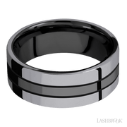8 mm wide/Flat/Zirconium band with two 3 mm Double Off Center Edge inlays of Tantalum.