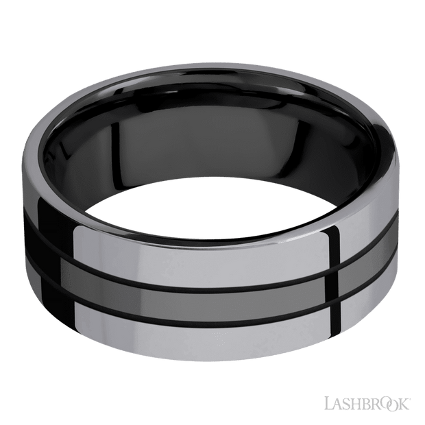 8 mm wide/Flat/Zirconium band with two 3 mm Double Off Center Edge inlays of Tantalum.